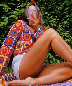 Trendy & Unique What's New Vibrant Scalloped Button Down Floral Crochet Knit Cardigan - Multicolor