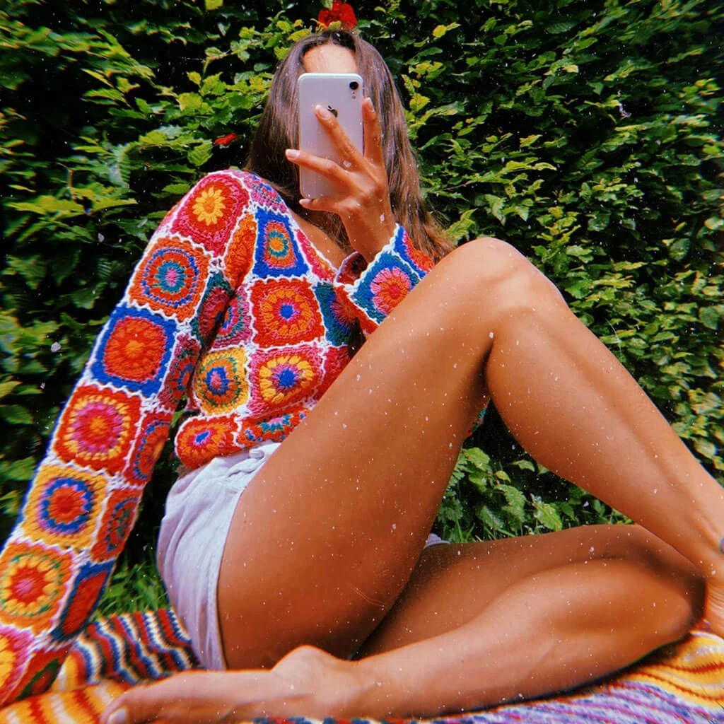 Trendy & Unique What's New Vibrant Scalloped Button Down Floral Crochet Knit Cardigan - Multicolor 4 Trendy & Unique What's New Vibrant Scalloped Button Down Floral Crochet Knit Cardigan - Multicolor