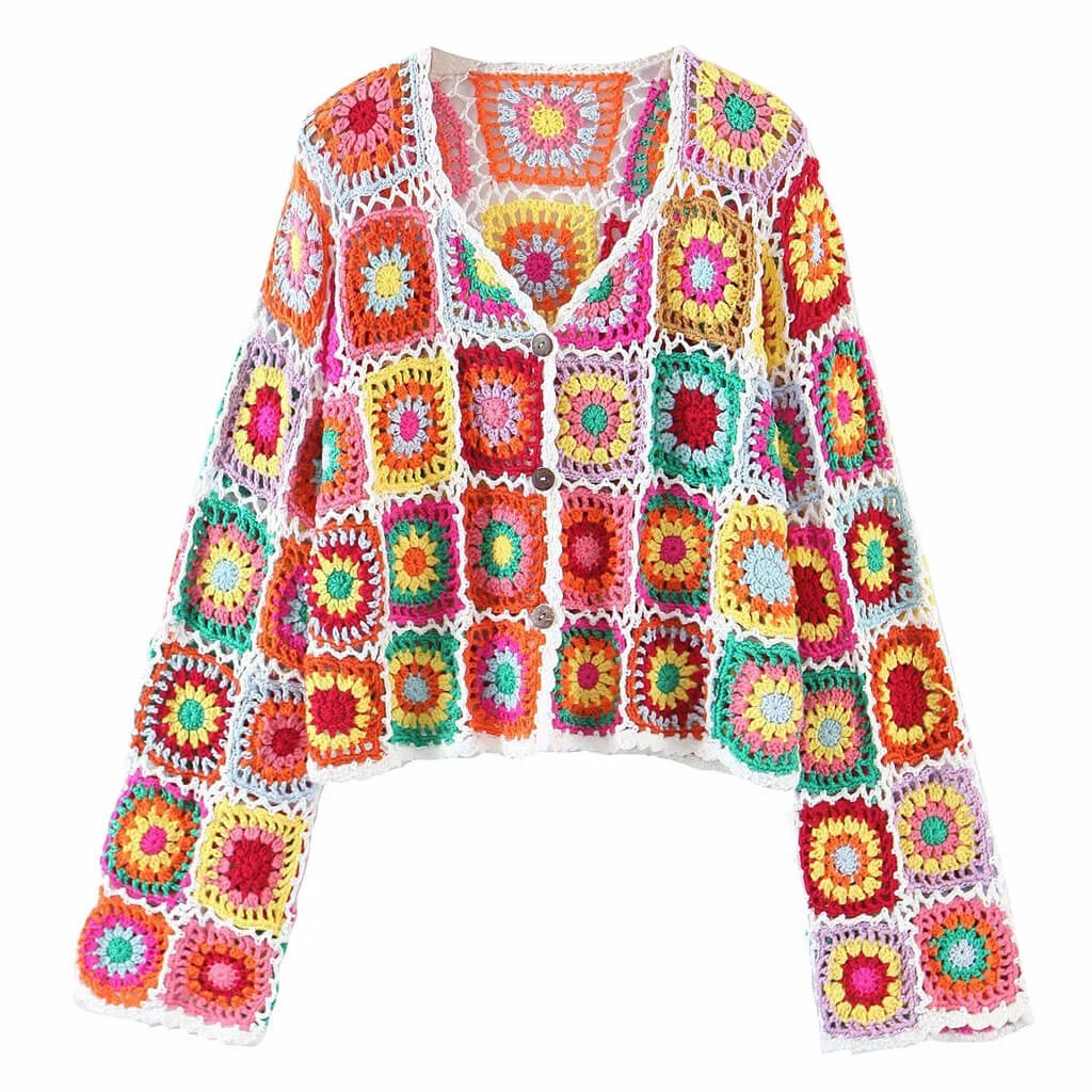 Trendy & Unique What's New Vibrant Scalloped Button Down Floral Crochet Knit Cardigan - Multicolor 6 Trendy & Unique What's New Vibrant Scalloped Button Down Floral Crochet Knit Cardigan - Multicolor