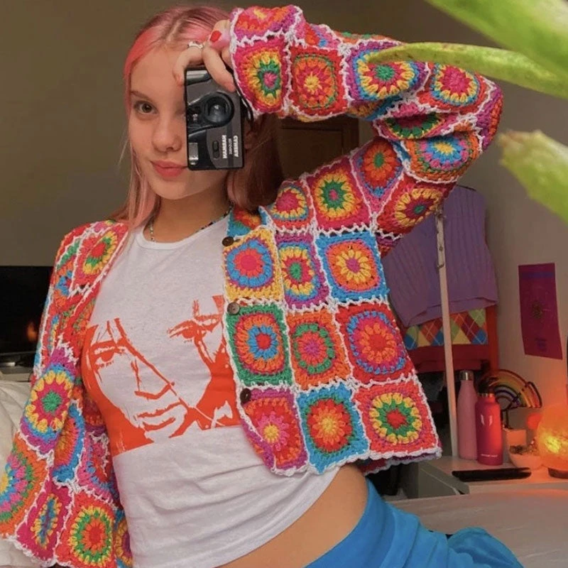 Trendy & Unique What's New Vibrant Scalloped Button Down Floral Crochet Knit Cardigan - Multicolor 3 Trendy & Unique What's New Vibrant Scalloped Button Down Floral Crochet Knit Cardigan - Multicolor