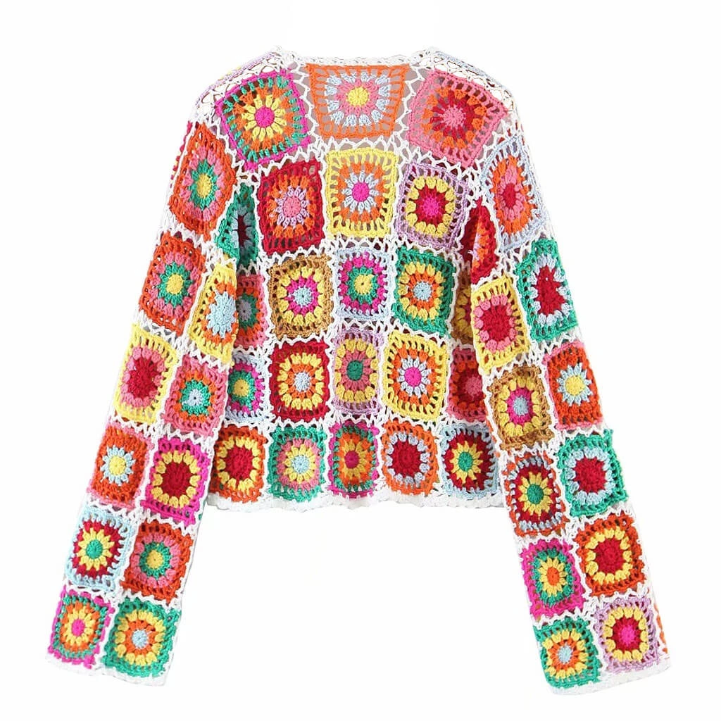 Trendy & Unique What's New Vibrant Scalloped Button Down Floral Crochet Knit Cardigan - Multicolor 7 Trendy & Unique What's New Vibrant Scalloped Button Down Floral Crochet Knit Cardigan - Multicolor