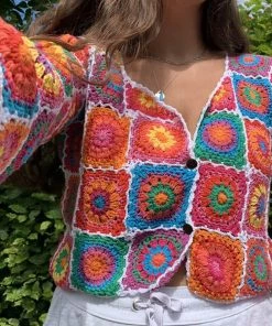 Trendy & Unique What's New Vibrant Scalloped Button Down Floral Crochet Knit Cardigan - Multicolor 9 Trendy & Unique What's New Vibrant Scalloped Button Down Floral Crochet Knit Cardigan - Multicolor