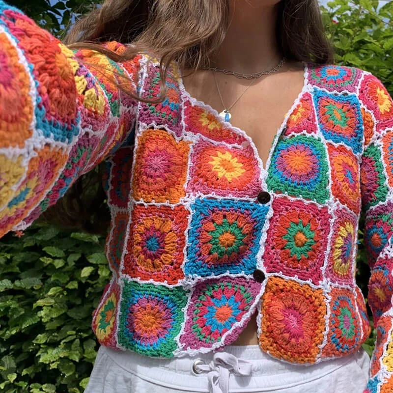 Trendy & Unique What's New Vibrant Scalloped Button Down Floral Crochet Knit Cardigan - Multicolor 5 Trendy & Unique What's New Vibrant Scalloped Button Down Floral Crochet Knit Cardigan - Multicolor