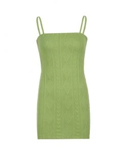 Trendy & Unique What's New Vibrant Square Neck Geometric Cable Knit Slip Mini Dress - Green