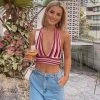 Trendy & Unique Vibrant Striped Print Halter Neck Tie Back Knitted Crop Top - Burgundy What's New