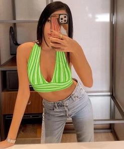 Trendy & Unique Vibrant Striped Print Halter Neck Tie Back Knitted Crop Top - Green What's New