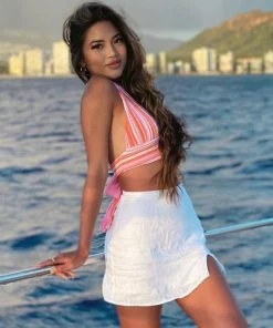 Trendy & Unique What's New Vibrant Striped Print Halter Neck Tie Back Knitted Crop Top - Orange