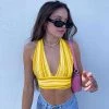 Trendy & Unique What's New Vibrant Striped Print Halter Neck Tie Back Knitted Crop Top - Yellow