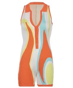 Trendy & Unique Vibrant Tie Dye Button Down Collared V Neck Knit Romper - Multicolor