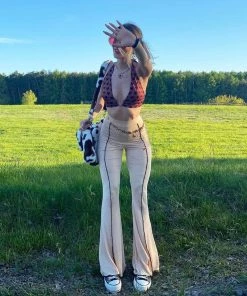 Trendy & Unique What's New Vintage '90s Contrast Seamed High Waist Skinny Flare Pants - Nude