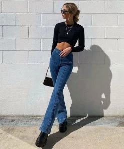 Trendy & Unique Vintage '90s Seamed Trim Mid Waist Skinny Flare Jeans - Blue