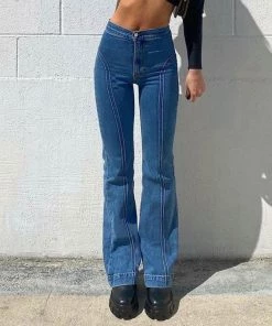 Trendy & Unique Vintage '90s Seamed Trim Mid Waist Skinny Flare Jeans - Blue