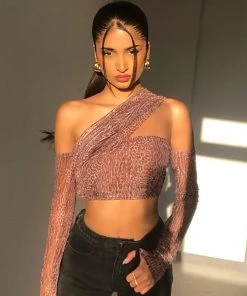 Trendy & Unique Vintage Animal Print One Shoulder Long Sleeve Crop Top - Leopard What's New