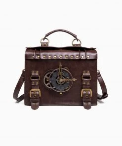 Trendy & Unique Time Fly Back Clock Trim Button Up Crossbody Messager Bag - Coffee What's New