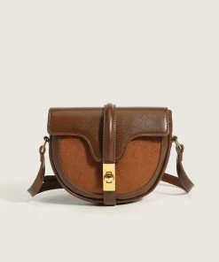 Trendy & Unique Vintage Contrast Golden Flap Front Buckled Saddle Bag - Coffee