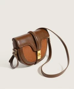 Trendy & Unique Vintage Contrast Golden Flap Front Buckled Saddle Bag - Coffee