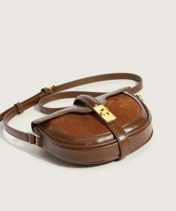 Trendy & Unique Vintage Contrast Golden Flap Front Buckled Saddle Bag - Coffee