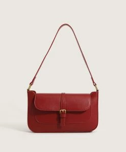 Trendy & Unique Vintage Flap Front Suspender Strap Leather Baguette Bag - Red