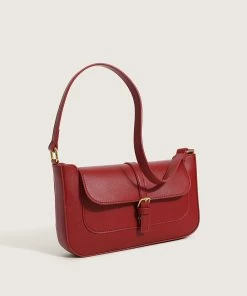 Trendy & Unique Vintage Flap Front Suspender Strap Leather Baguette Bag - Red