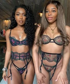 Trendy & Unique Vintage Floral Embroidery Garter Thong Underwire Bralette Set - Black 8 Trendy & Unique Vintage Floral Embroidery Garter Thong Underwire Bralette Set - Black