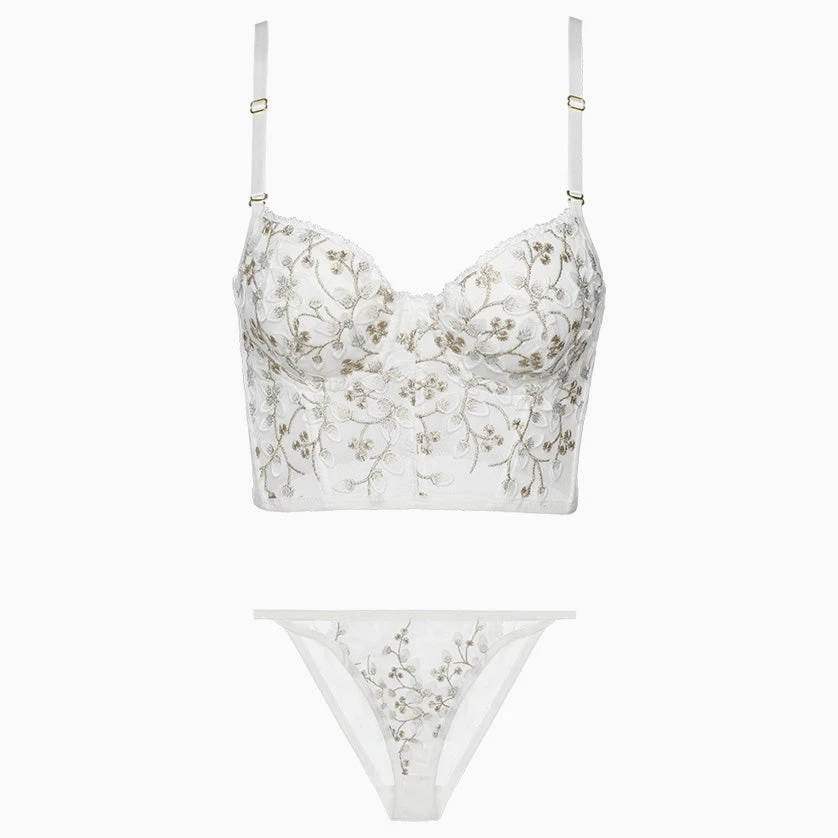 Trendy & Unique What's New Vintage Floral Trim Lace Embroidered Underwire Bralette Set - White 5 Trendy & Unique What's New Vintage Floral Trim Lace Embroidered Underwire Bralette Set - White