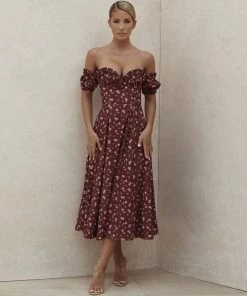 Trendy & Unique Vintage Floral Print Off Shoulder High Slit Midi Sundress - Burgundy What's New