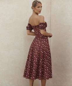 Trendy & Unique Vintage Floral Print Off Shoulder High Slit Midi Sundress - Burgundy What's New
