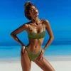 Trendy & Unique Vintage Floss Strap High Leg Shirred Bralette Bikini Set - Grass Green