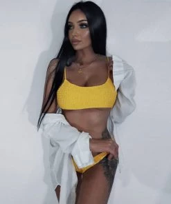 Trendy & Unique Vintage Floss Strap High Leg Shirred Bralette Bikini Set - Yellow