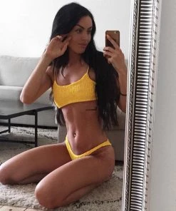 Trendy & Unique Vintage Floss Strap High Leg Shirred Bralette Bikini Set - Yellow