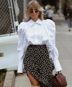 Trendy & Unique Vintage Frilled Puff Sleeve Pointed Collar Button Up Blouse - White