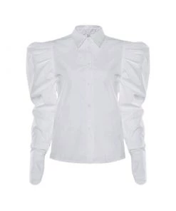 Trendy & Unique Vintage Frilled Puff Sleeve Pointed Collar Button Up Blouse - White