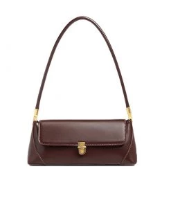Trendy & Unique What's New Vintage Gold Tone Buckled Flap Front Leather Baguette Bag - Chocolate