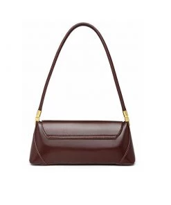 Trendy & Unique What's New Vintage Gold Tone Buckled Flap Front Leather Baguette Bag - Chocolate