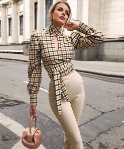 Trendy & Unique Vintage High Neck Bishop Sleeve Backless Crop Plaid Blouse - Yellow What's New