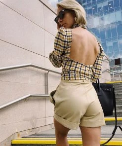 Trendy & Unique Vintage High Neck Bishop Sleeve Backless Crop Plaid Blouse - Yellow What's New