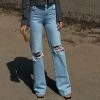 Trendy & Unique Vintage High Waist Cut Out Frayed Straight Leg Jeans - Light Blue