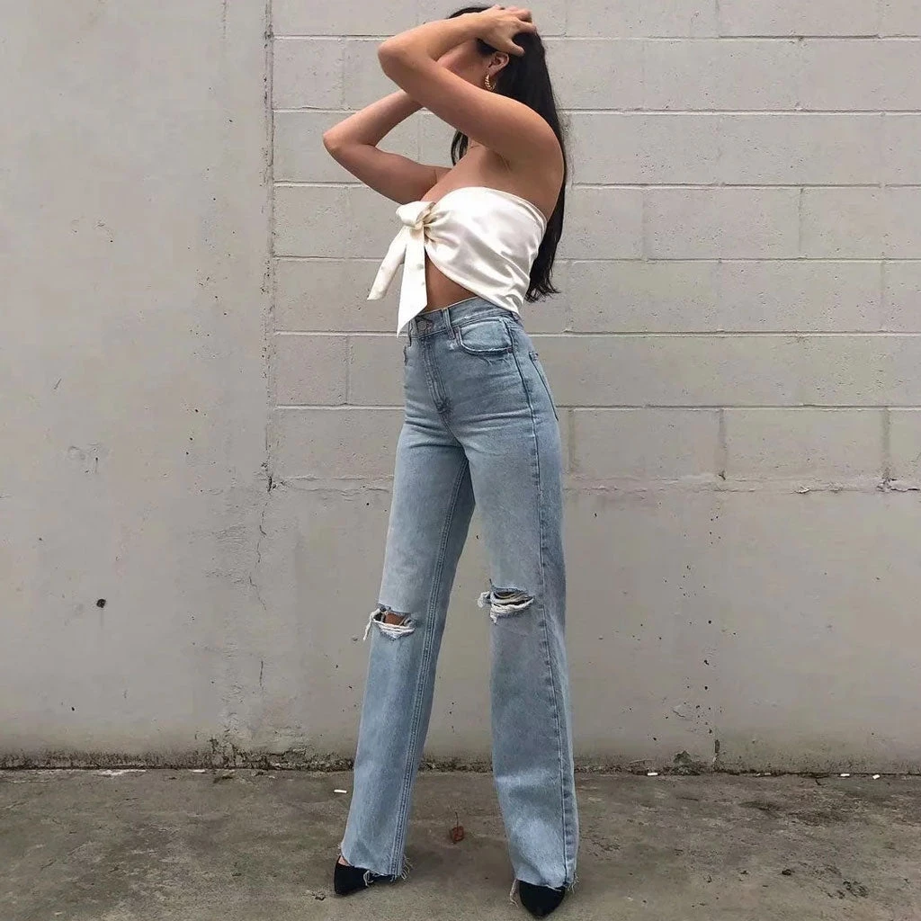 Trendy & Unique Vintage High Waist Cut Out Frayed Straight Leg Jeans - Light Blue 6 Trendy & Unique Vintage High Waist Cut Out Frayed Straight Leg Jeans - Light Blue