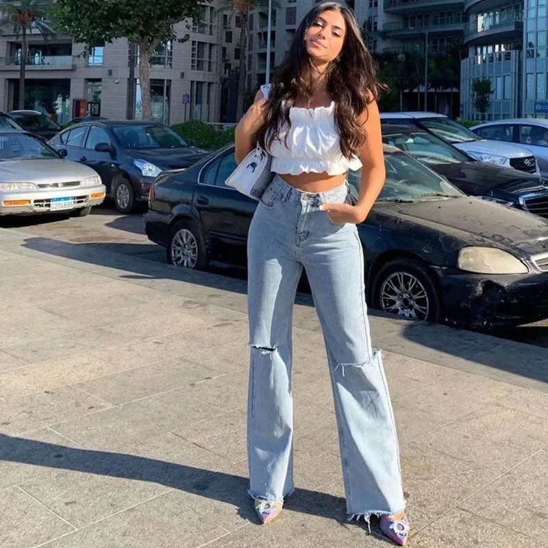 Trendy & Unique Vintage High Waist Cut Out Frayed Straight Leg Jeans - Light Blue 5 Trendy & Unique Vintage High Waist Cut Out Frayed Straight Leg Jeans - Light Blue