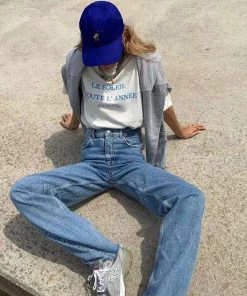 Trendy & Unique Vintage High Waist Frayed Trim Wide Leg Jeans - Dark Blue What's New