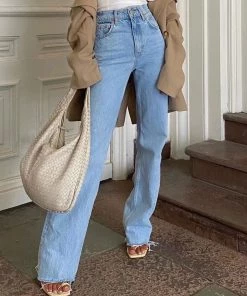 Trendy & Unique Vintage High Waist Frayed Trim Wide Leg Jeans - Light Blue What's New