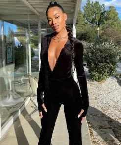 Trendy & Unique Vintage Hooded Zip Up Long Sleeve Velvet Flared Jumpsuit - Black What's New