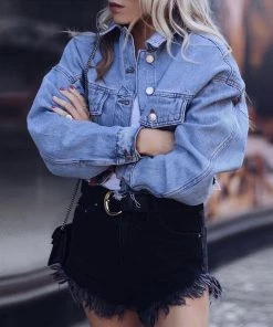 Trendy & Unique Vintage Long Sleeve Button Up Frayed Crop Denim Jacket - Blue