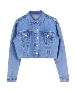 Trendy & Unique Vintage Long Sleeve Button Up Frayed Crop Denim Jacket - Blue