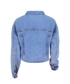 Trendy & Unique Vintage Long Sleeve Button Up Frayed Crop Denim Jacket - Blue
