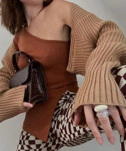 Trendy & Unique Vintage Long Sleeve Drop Shoulder Rib Knit Shrug Cardigan - Camel What's New