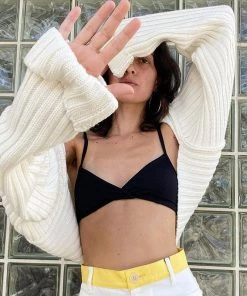 Trendy & Unique What's New Vintage Long Sleeve Drop Shoulder Rib Knit Shrug Cardigan - White