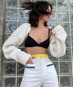 Trendy & Unique What's New Vintage Long Sleeve Drop Shoulder Rib Knit Shrug Cardigan - White