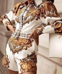 Trendy & Unique Vintage Paisley Print Collared Button Up Puff Sleeve Belted Romper - Yellow What's New