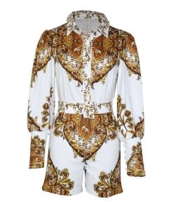 Trendy & Unique Vintage Paisley Print Collared Button Up Puff Sleeve Belted Romper - Yellow What's New